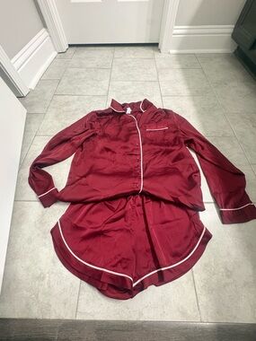 Burgundy Satin Pajama Set with light pink Piping from target stars above